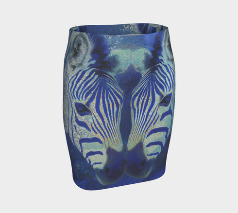 A high-waisted, bodycon mini skirt with a tight, fitted silhouette ending mid-thigh. The skirt features a vibrant, all-over graphic print of a mirrored zebra head in electric and royal blue tones against a dark blue, pixelated background. The zebra's stripes have a textured, glittery appearance in shades of silver and light blue. The skirt is made from a smooth, stretchy performance knit fabric with a subtle sheen, designed to hug the body's curves.